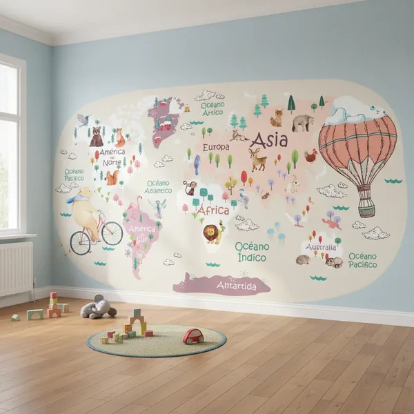 Vinilos mapas mapamundi infantiles con animales 140×80 cm