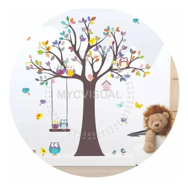 Vinilo infantil de árbol con hamaca y búhos 150 cm