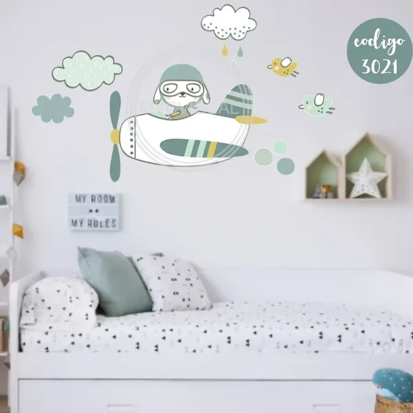 Vinilo infantil nenes avión con nubes y pajaritos