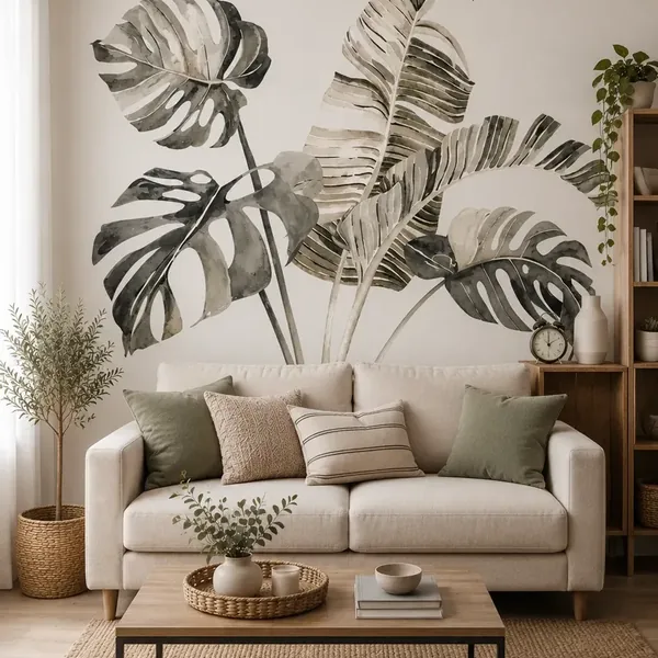 Vinilo de pared hojas verdes tropicales en acuarela