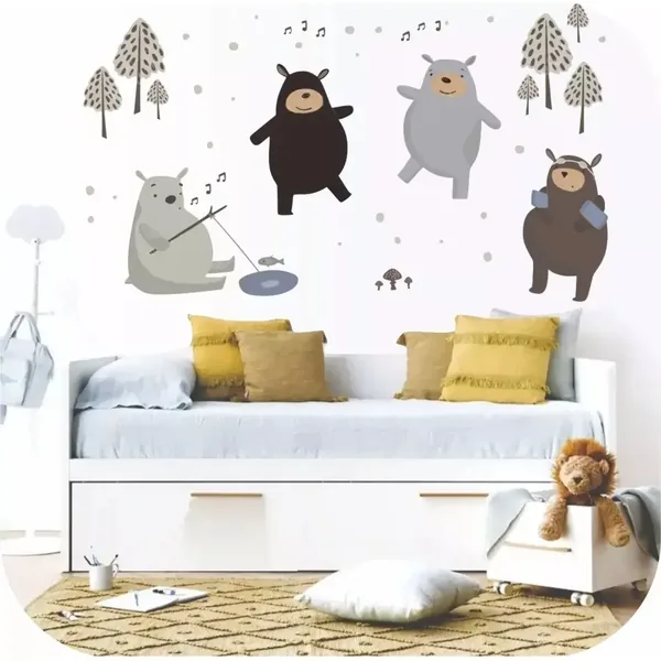 Vinilo infantil osos de fiesta bailando en la nieve nórdicos