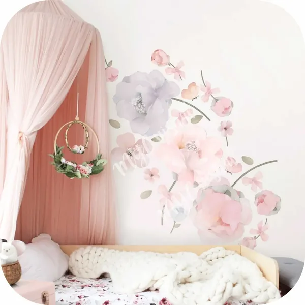 Vinilo de pared flores rosas y mariposas 70×40 cm