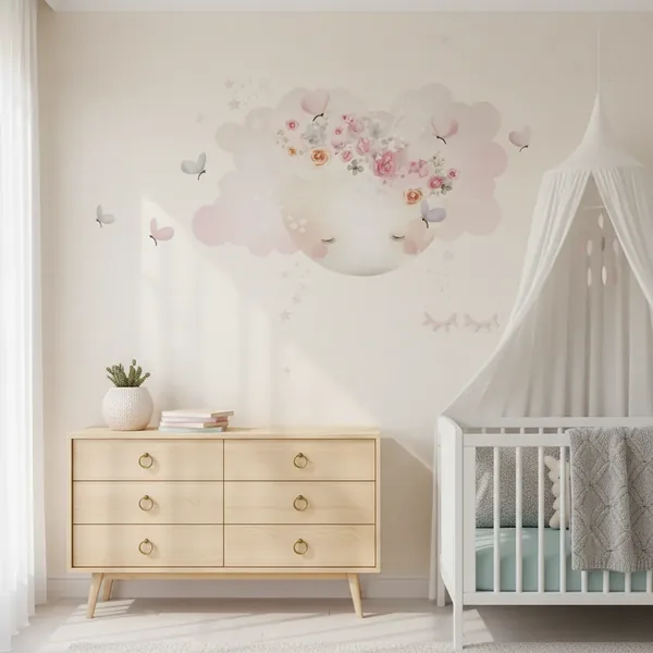 Vinilo de pared luna con flores y mariposas 70×40 cm